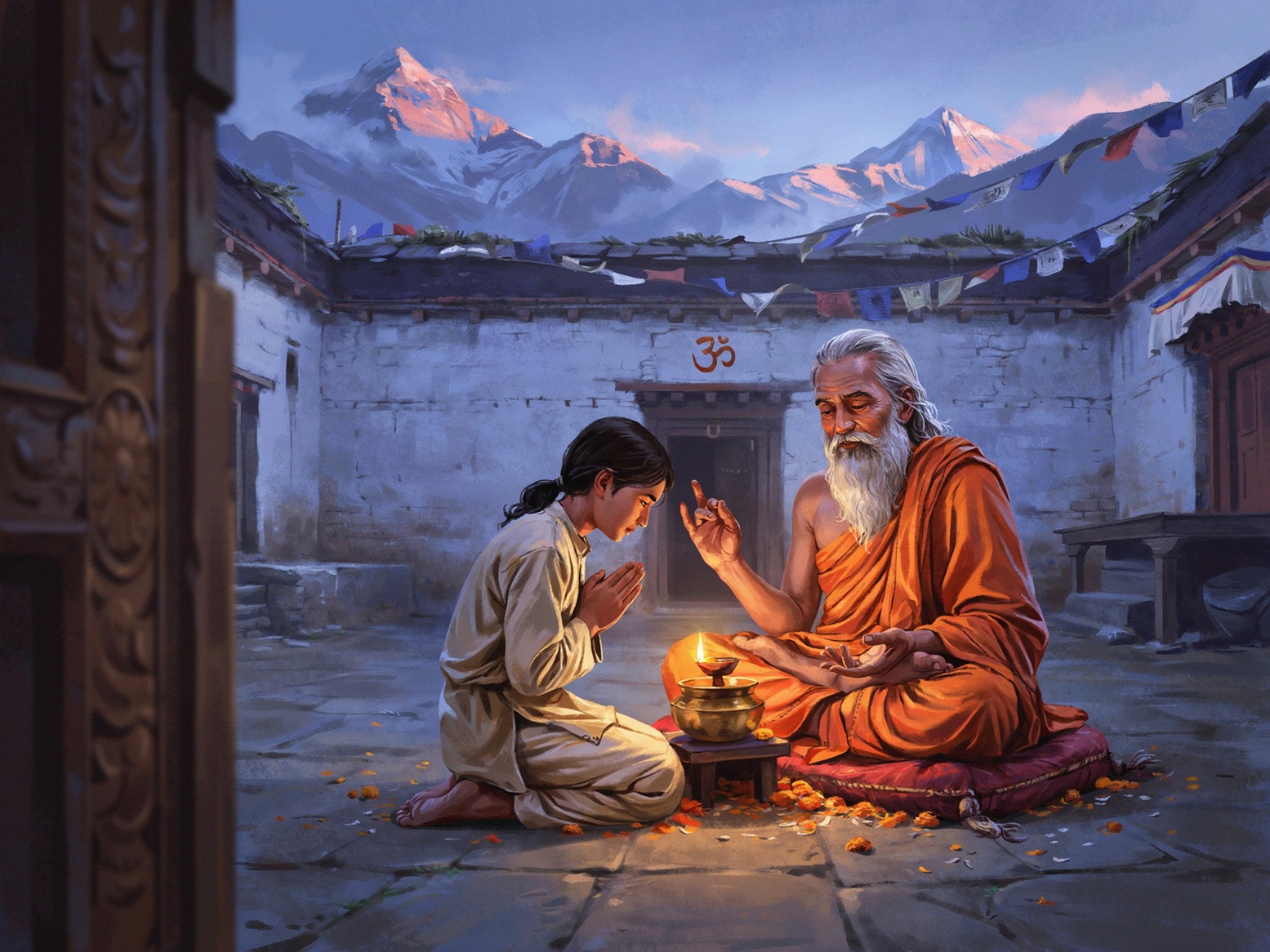 Un gourou enseigne sa jeune disciple Un gourou enseigne sa jeune disciple