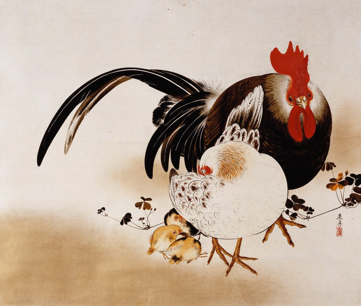 Coq, poule et poussin - Shibata Zeshin