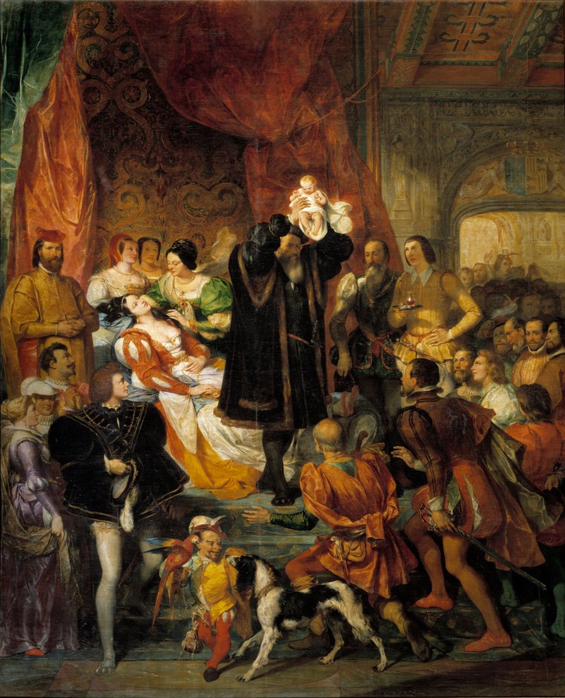 Naissance du roi Henri IV au château de Pau avec sa mère Jeanne d'Albret et son père Antoine de Bourbon - Eugène Deveria