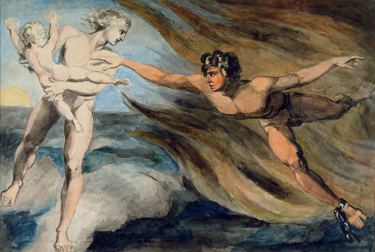 Les anges du Bien et du mal luttant pour la possession d'un enfant - William Blake