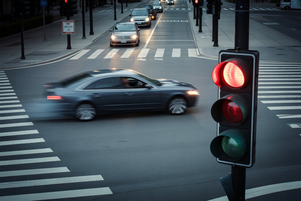Un conducteur de voiture, au méris du code de la route, grille un feu rouge