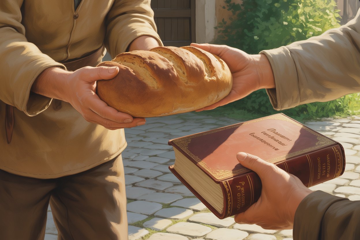  Loi du Donner et du Recevoir - Un homme donne un Pain et reçoit un Livre