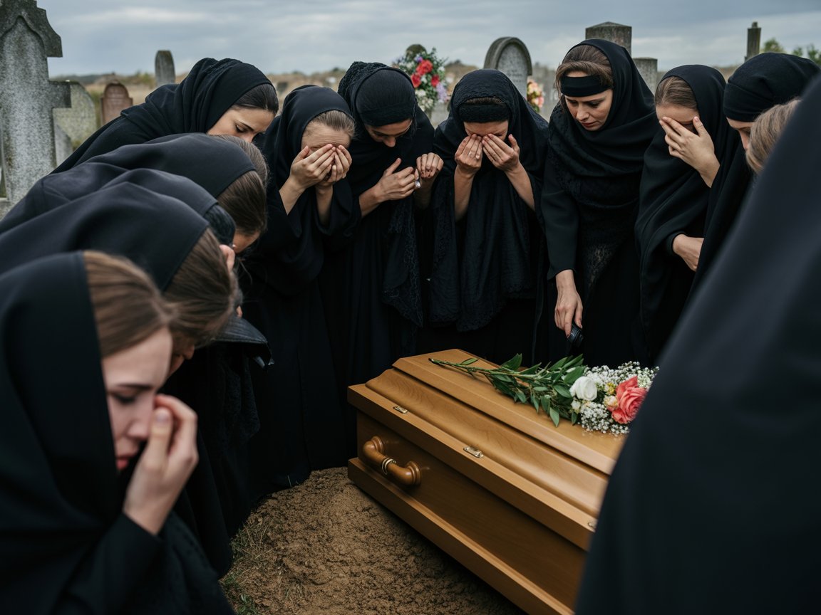 Des femmes en deuil, au cours d'une cérémonie d'inhumation, pleurent leur proche décédé
