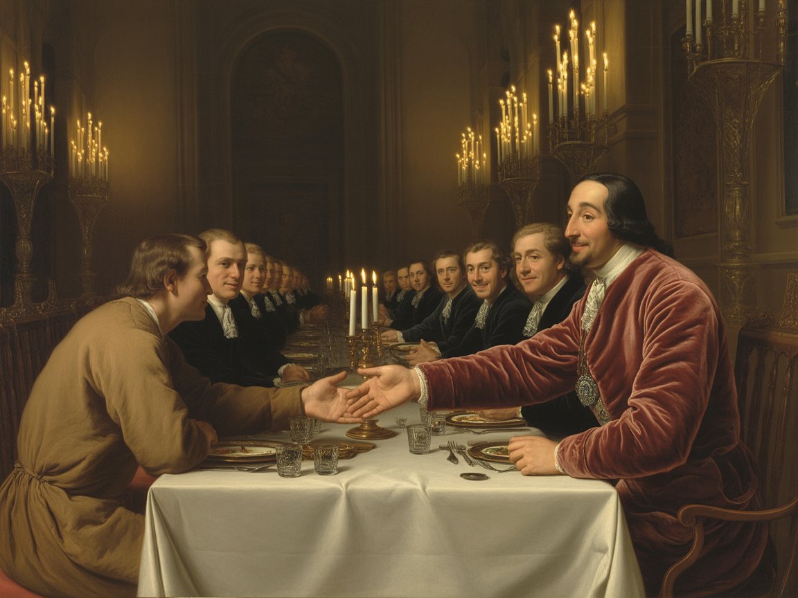 Un convive modestement placé à la place la plus éloignée du Maître de Maison est invité par celui-ci à s'asseoir juste en face de lui.
