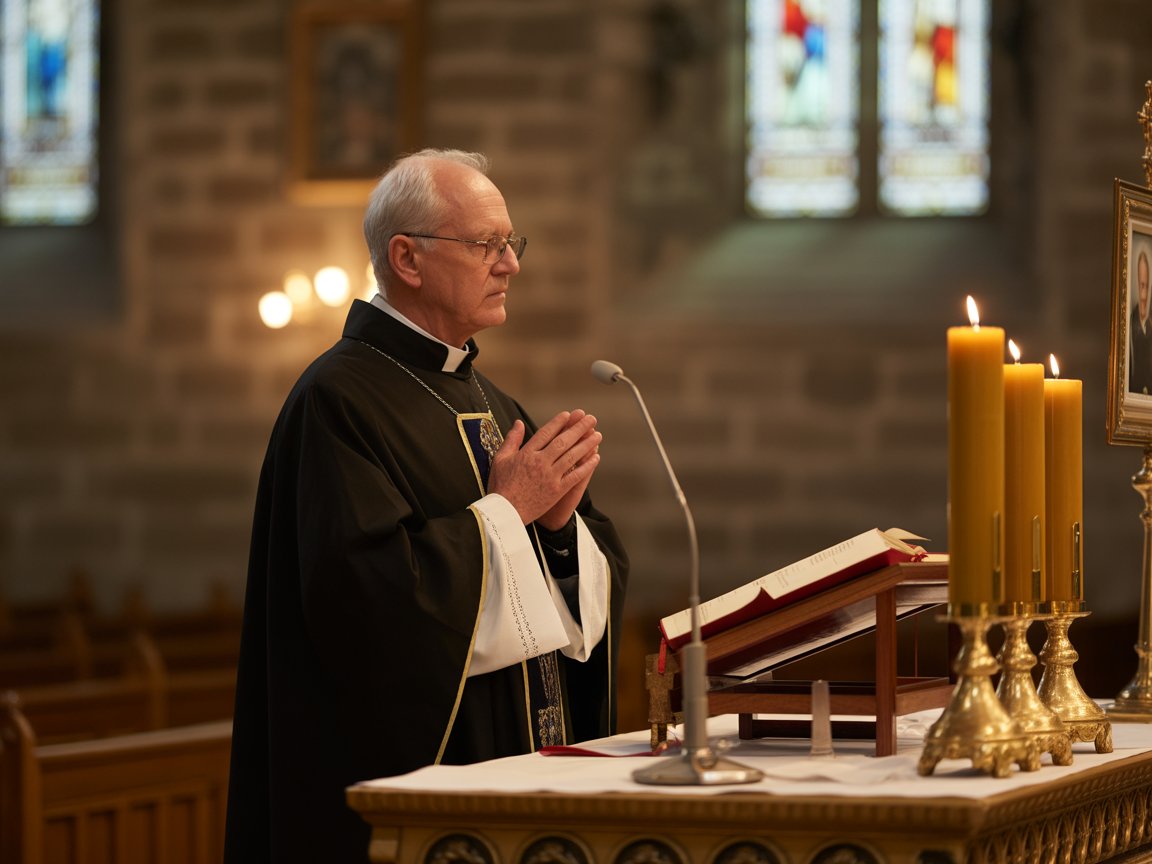 Un prêtre dit une messe pour le repos de l'âme d'un défunt