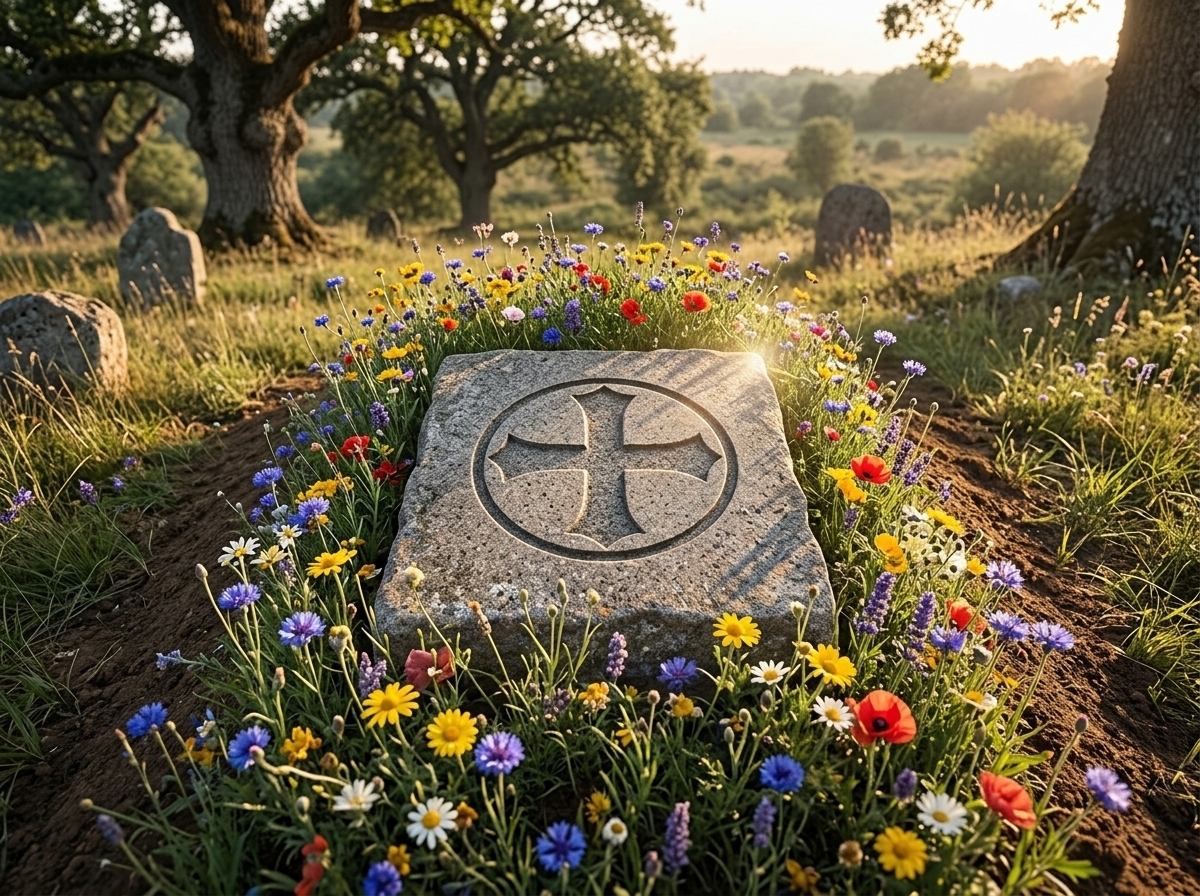 Une Tombe fleurie toute simple, avec une Croix à branches égales