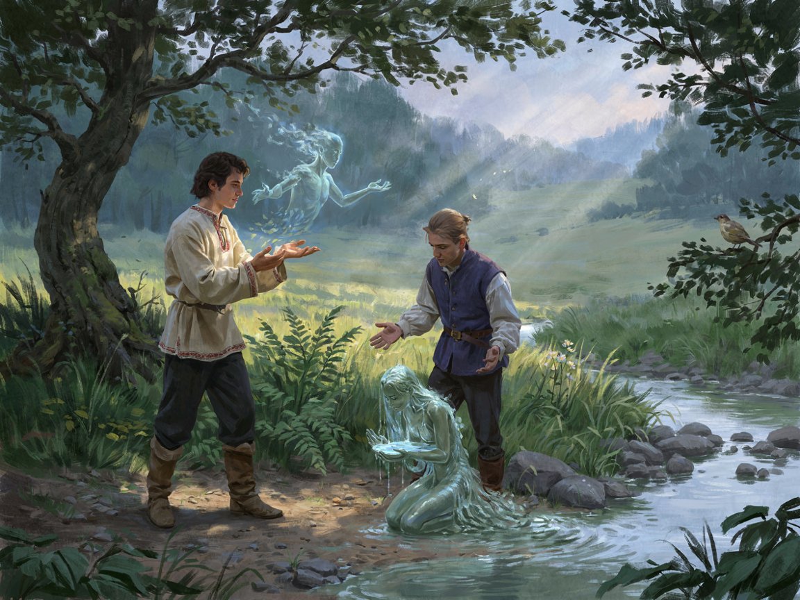 Deux jeunes hommes parlent avec les entéaux de l'air et de l'eau